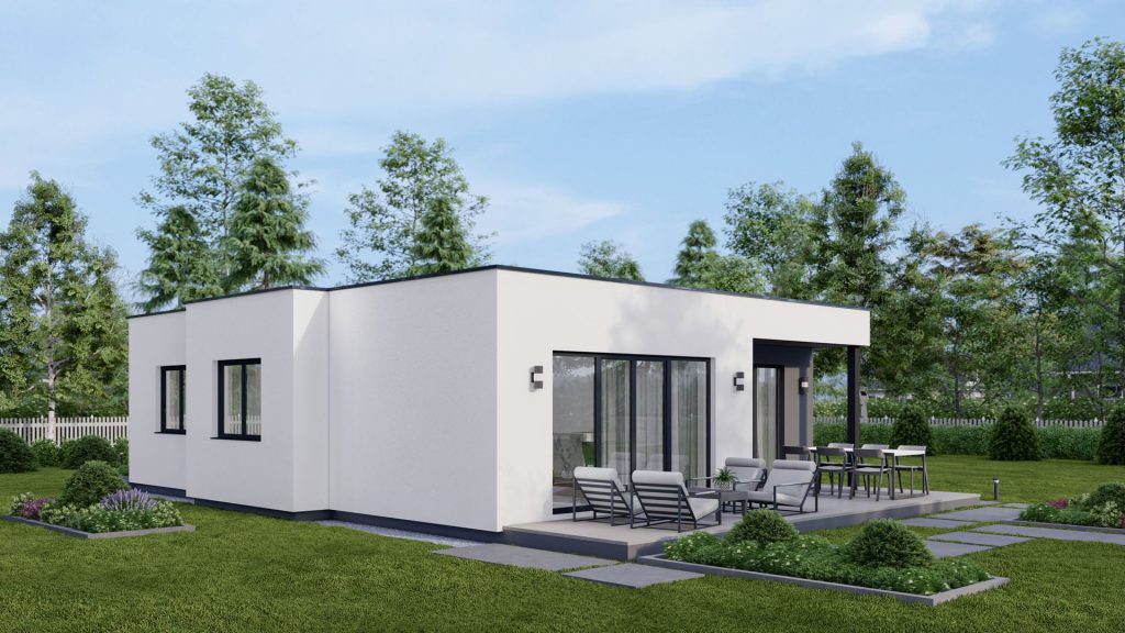 Moderner Fertighaus Bungalow Typ 6 mit ebenerdiger Bauweise und zeitgemäßer Architektur von BAUTENT