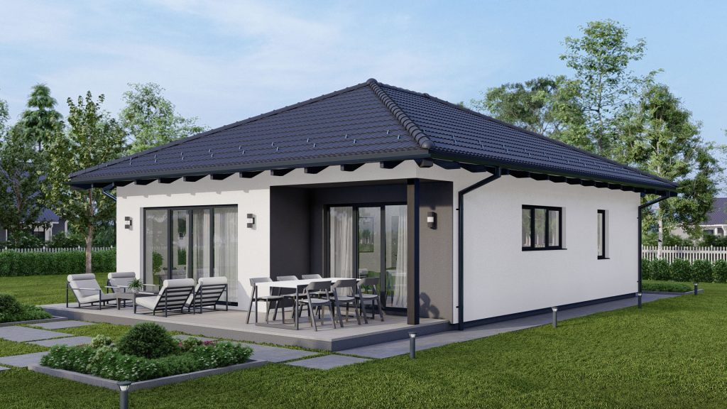 Moderner Fertighaus Bungalow Typ 6 mit großen Fenstern und überdachter Terrasse von BAUTENT