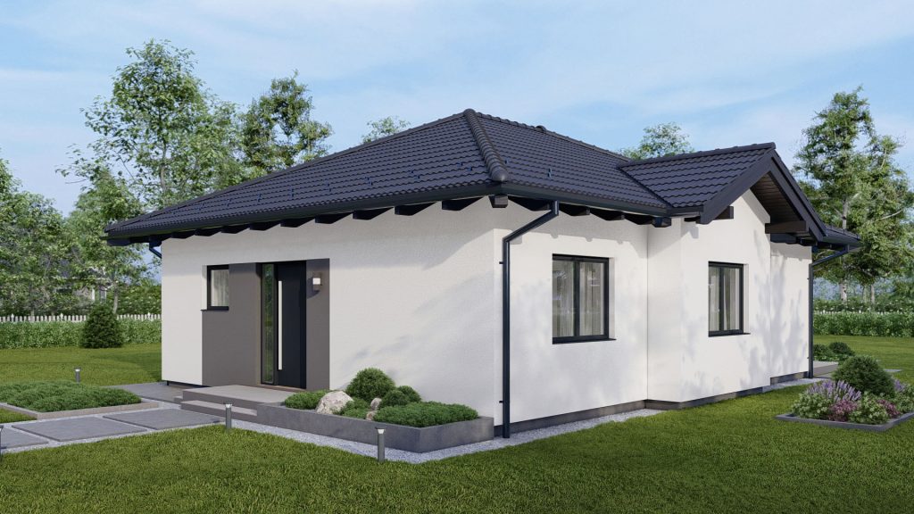 Fertighaus Bungalow Typ 6 - modernes einstöckiges Wohnhaus mit großen Fenstern und überdachter Terrasse