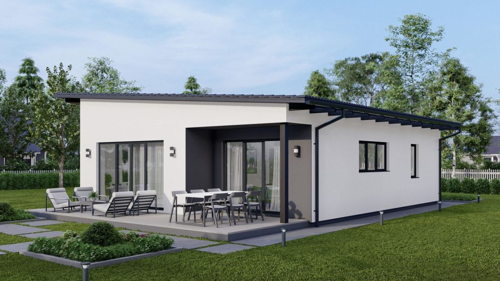 Moderner Bungalow Typ 6 Fertighaus mit einstöckiger Bauweise und zeitgemäßer Architektur von BAUTENT