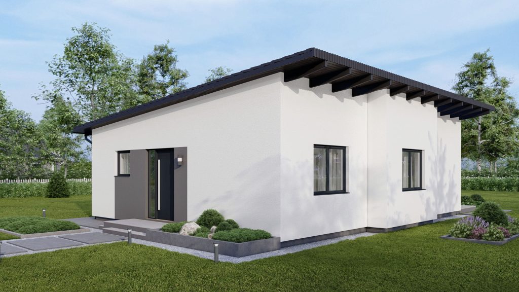 Moderner Fertighaus Bungalow Typ 6 D003 mit ebenerdiger Bauweise und zeitgemäßer Architektur