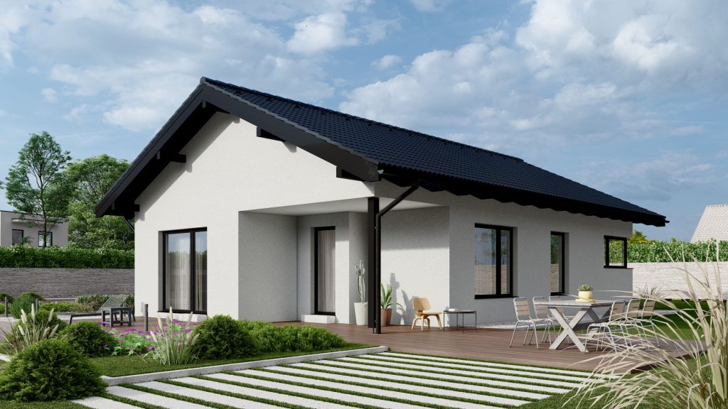 Moderner Bungalow Typ 10 Fertighaus von BAUTENT mit ebenerdiger Bauweise und zeitgemäßer Architektur