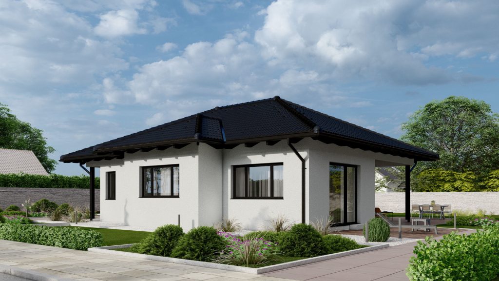 Moderner Bungalow Typ 10 B001 als Fertighaus - einstöckiges Wohnhaus mit großen Fenstern und zeitgemäßer Architektur