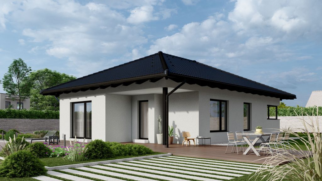 Moderner Bungalow Typ 10 B002 Fertighaus mit großen Fenstern und zeitgemäßer Architektur von BAUTENT