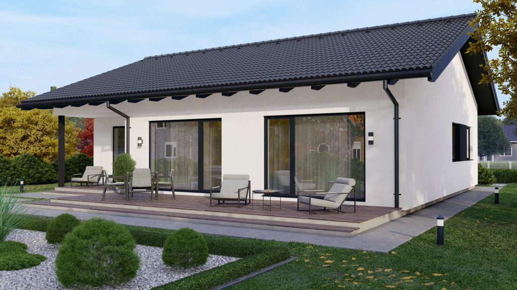 Moderner Bungalow Typ 4 A002 Fertighaus mit großzügiger Architektur und zeitgemäßem Design von BAUTENT