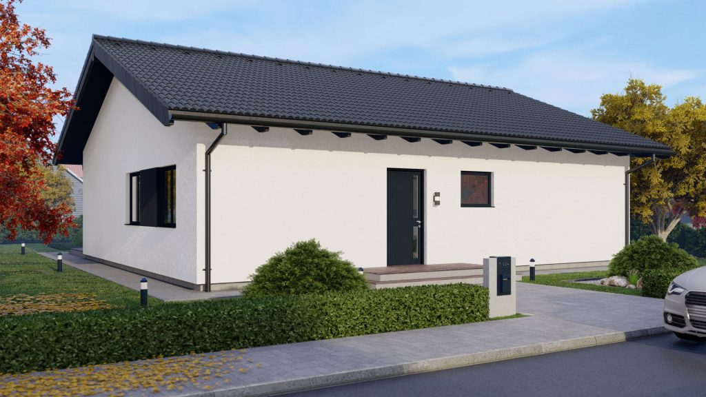 Moderner Bungalow Typ 4 A003 als Fertighaus - ebenerdiges Wohnhaus mit großen Fenstern und zeitgemäßer Architektur