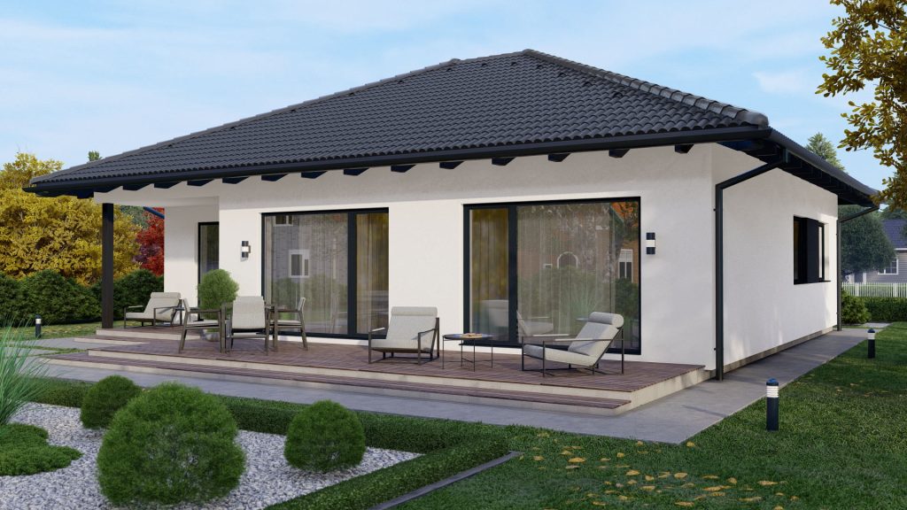 Moderner Bungalow Typ 4 B002 als Fertighaus - einstöckiges Wohnhaus mit zeitgemäßer Architektur