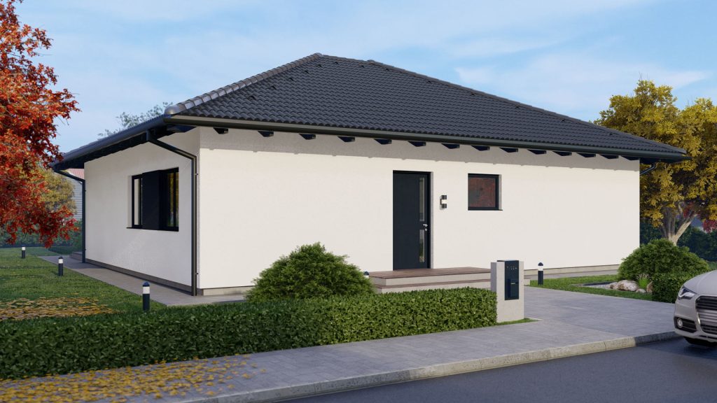 Moderner Bungalow Typ 4 B003 als Fertighaus mit großen Fenstern und zeitgemäßer Architektur von BAUTENT