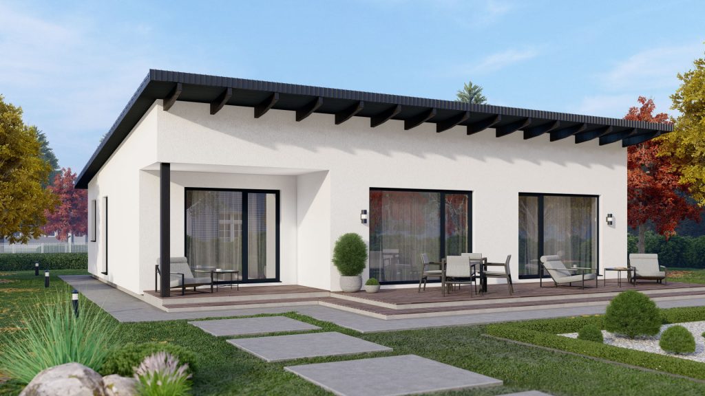 Moderner Fertighaus Bungalow Typ 4 mit ebenerdiger Bauweise und großen Fensterfronten von BAUTENT