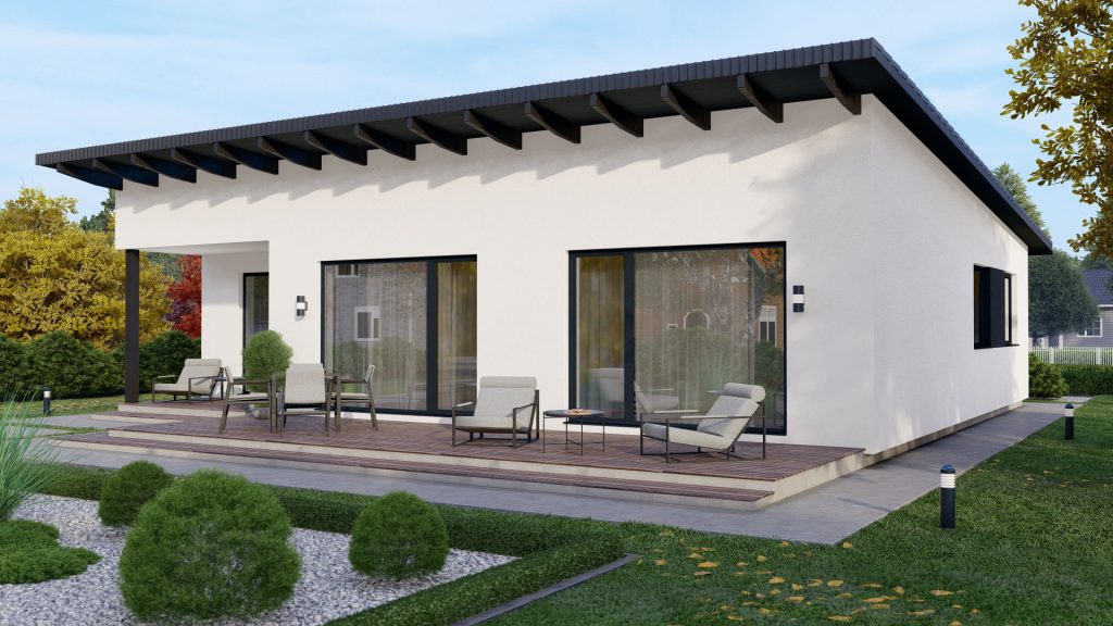 Moderner Fertighaus-Bungalow Typ 4 mit ebenerdiger Bauweise und zeitgemäßer Architektur von BAUTENT