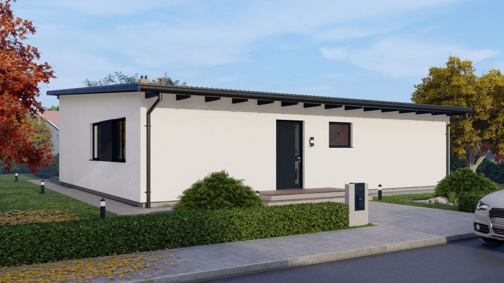 Moderner Bungalow Typ 4 Fertighaus mit großen Fenstern und zeitgenössischer Architektur von BAUTENT