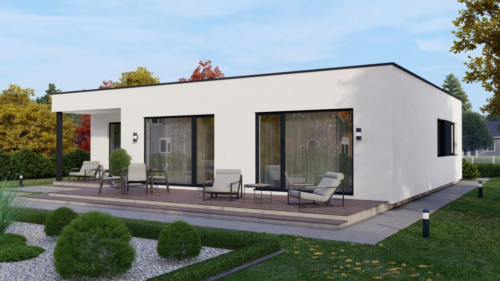 Modernes Fertighaus Bungalow Typ 4 mit ebenerdiger Bauweise und zeitgemäßer Architektur von BAUTENT