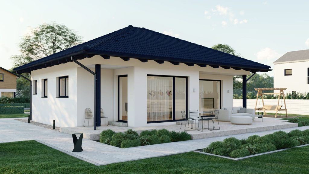 Moderner Bungalow Typ 9 B001 Fertighaus von BAUTENT mit ebenerdiger Bauweise und zeitgemäßer Architektur