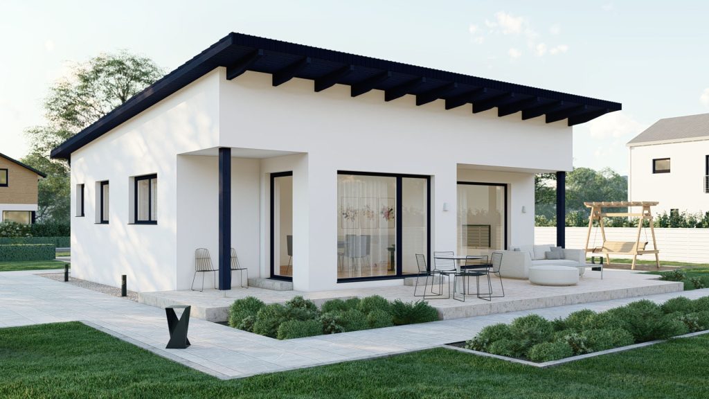 Moderner Bungalow Typ 9 Fertighaus mit großzügiger Terrasse und zeitgemäßer Architektur von BAUTENT