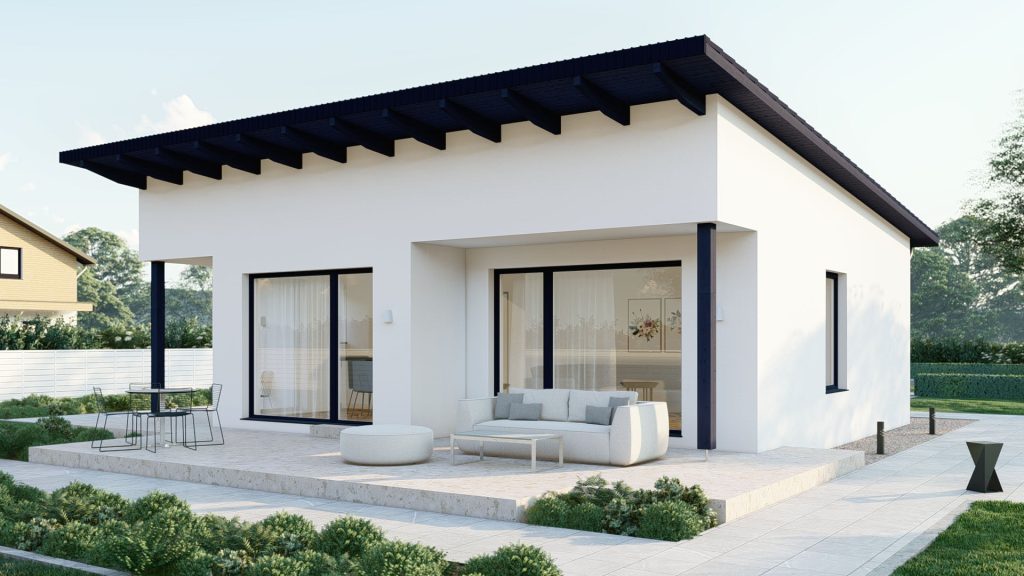 Moderner Fertighaus Bungalow Typ 9 mit ebenerdiger Bauweise und großen Fensterfronten von BAUTENT