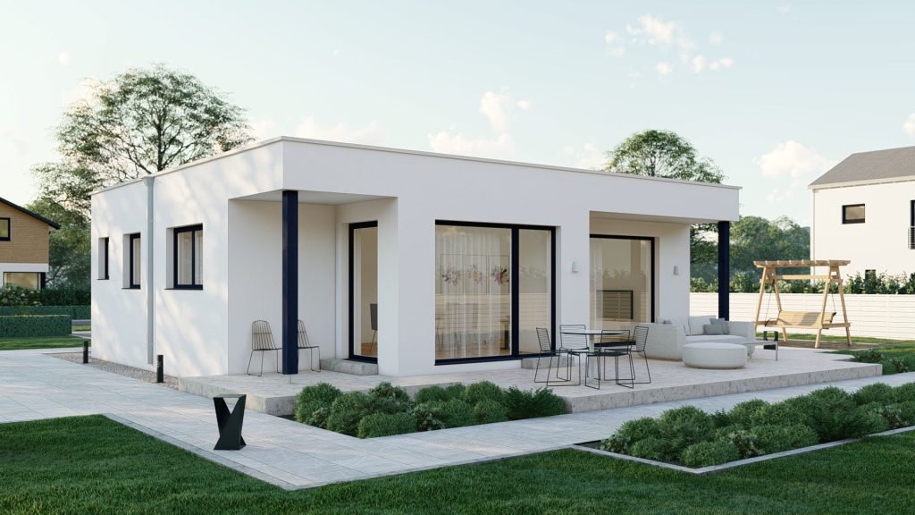 Moderner Fertighaus-Bungalow Typ 9 mit ebenerdiger Bauweise und zeitgemäßer Architektur von BAUTENT