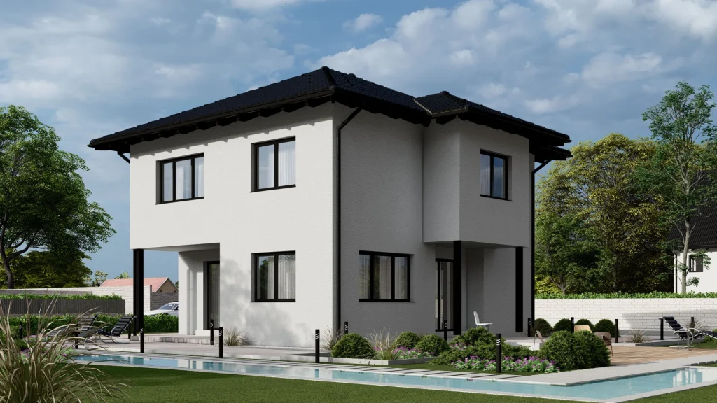 Modernes Fertighaus C001 mit zeitgemäßer Architektur und großzügigen Fensterfronten von BAUTENT