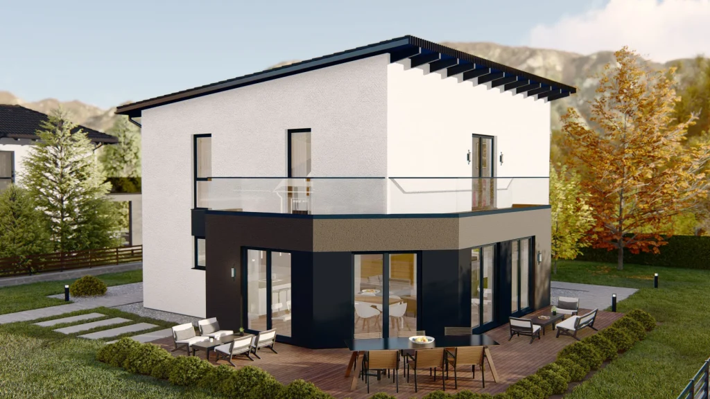 Modernes Fertighaus C001 Außenansicht mit zeitgenössischer Architektur und hochwertiger Fassadengestaltung