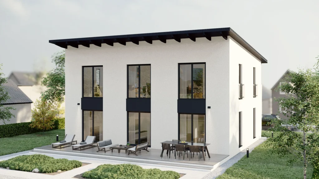 Modernes Fertighaus C001 mit heller Fassade und großen Fenstern - professionelle Bauqualität von BAUTENT