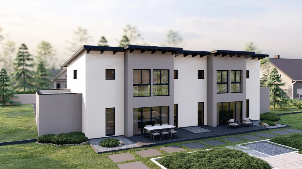 Modernes Fertighaus C001 Außenansicht - BAUTENT Neubau mit zeitgenössischer Architektur und Garten