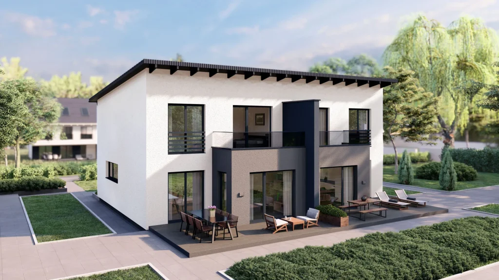 Modernes Fertighaus C001 mit zeitgemäßer Architektur und großen Fensterfronten von BAUTENT