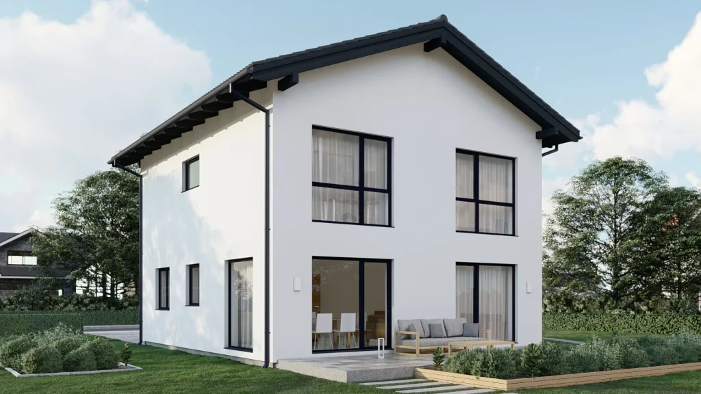 Modernes Fertighaus C001 mit zeitgemäßer Architektur und großzügigen Fenstern von BAUTENT