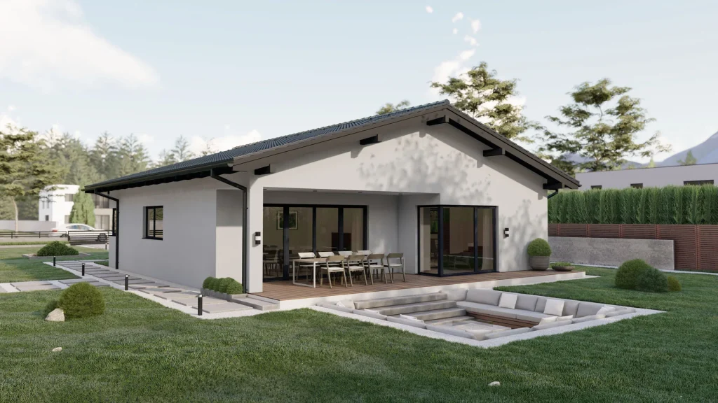 Modernes Fertighaus C001-21 mit zeitgemäßer Architektur und großzügigen Fensterfronten von BAUTENT