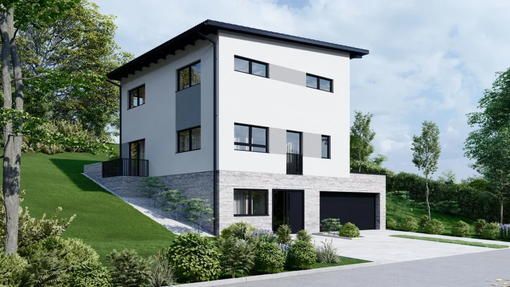 Modernes Fertighaus C001 mit eleganter Fassade und großen Fensterfronten - BAUTENT Hausbau und Sanierung