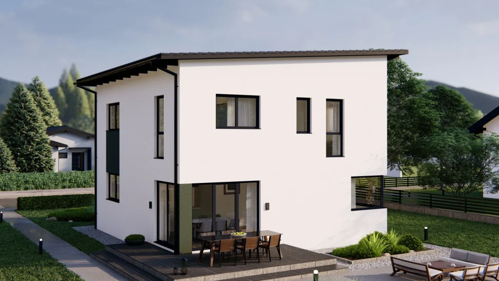 Modernes Fertighaus C001 mit großzügiger Glasfront und zeitgenössischer Architektur von BAUTENT