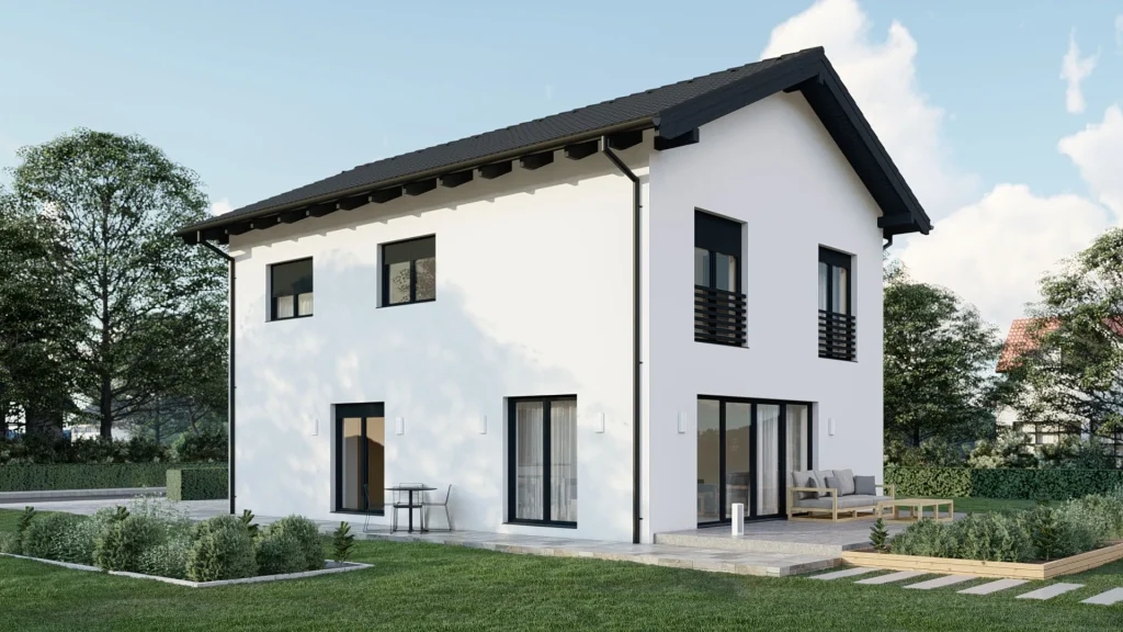 Modernes Fertighaus C001 Außenansicht mit zeitgenössischer Architektur und hochwertiger Bauausführung