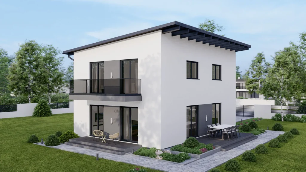 Modernes Fertighaus C001 mit zeitgemäßer Architektur und großzügigen Fenstern von BAUTENT