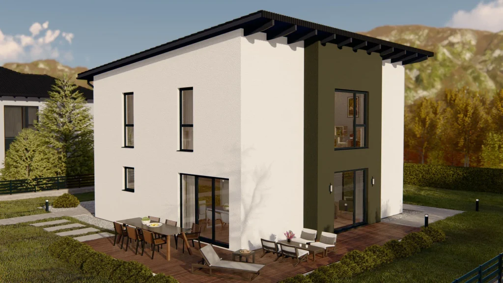 Modernes Fertighaus C001 mit großen Fenstern und zeitgemäßer Architektur von BAUTENT