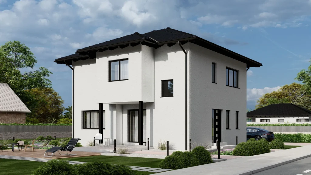 Modernes Fertighaus C002 Außenansicht - schlüsselfertige Bauweise von BAUTENT mit zeitgemäßer Architektur