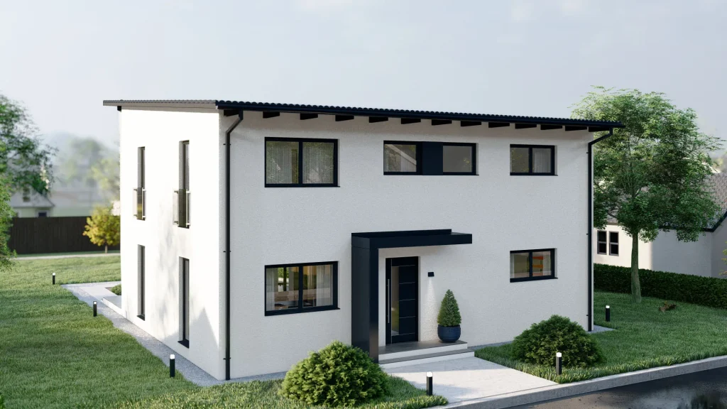 Moderne Fertighaus-Fassade mit großen Fenstern und zeitgemäßer Architektur von BAUTENT