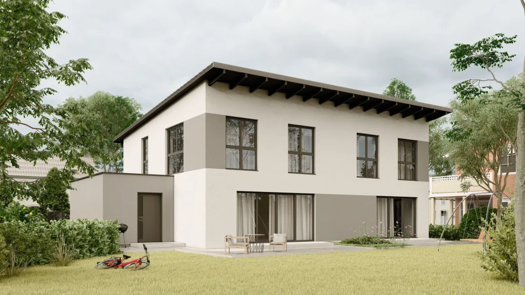 Modernes Fertighaus C002 Außenansicht mit zeitgenössischer Architektur und hochwertiger Fassadengestaltung