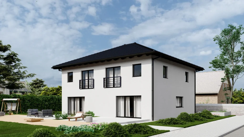 Modernes Fertighaus C002 - Außenansicht mit zeitgenössischer Architektur und hochwertiger Fassadengestaltung