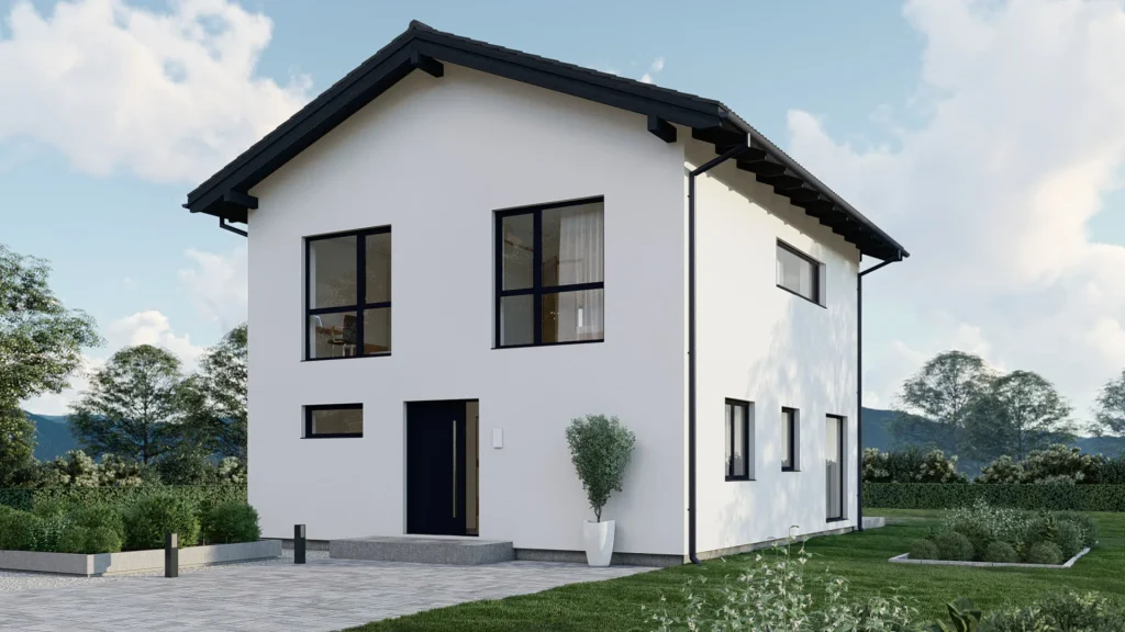 Modernes Fertighaus C002 Außenansicht mit zeitgenössischer Architektur und hochwertiger Fassadengestaltung