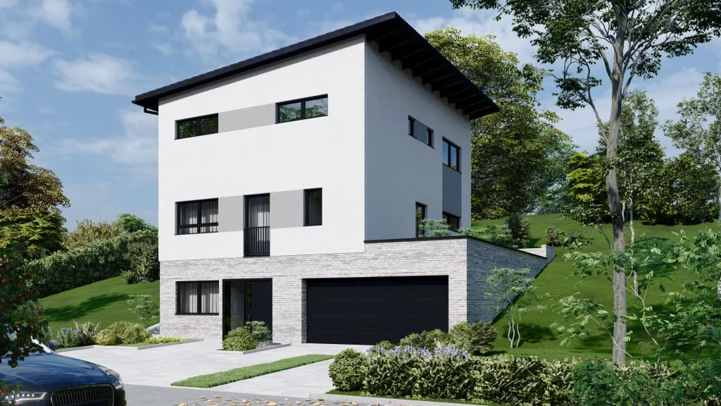 Modernes Fertighaus C002 Außenansicht mit zeitgemäßer Architektur und hochwertiger Fassadengestaltung