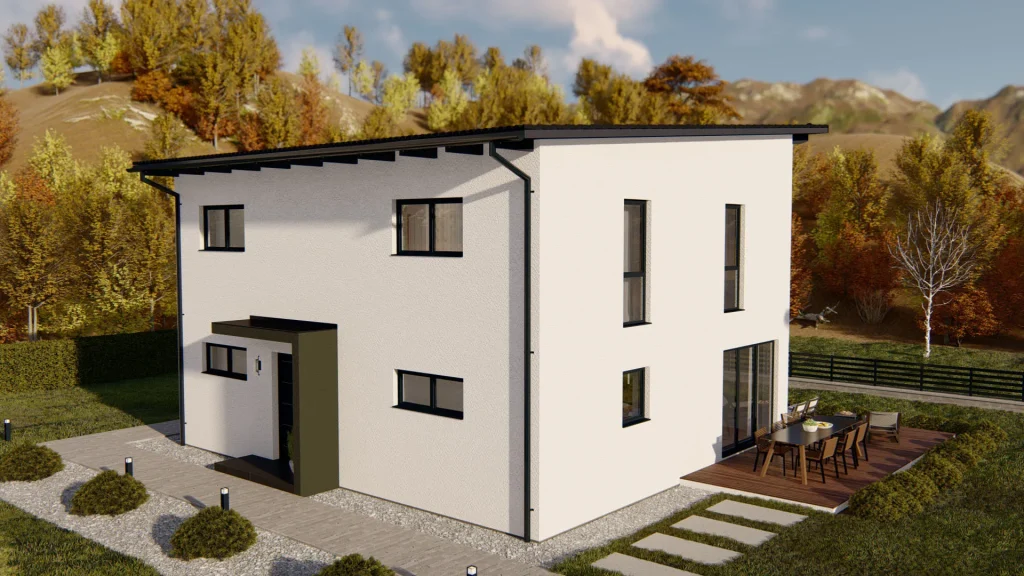 Modernes Fertighaus C002 - energieeffiziente Bauweise mit großen Fenstern und zeitgemäßer Architektur