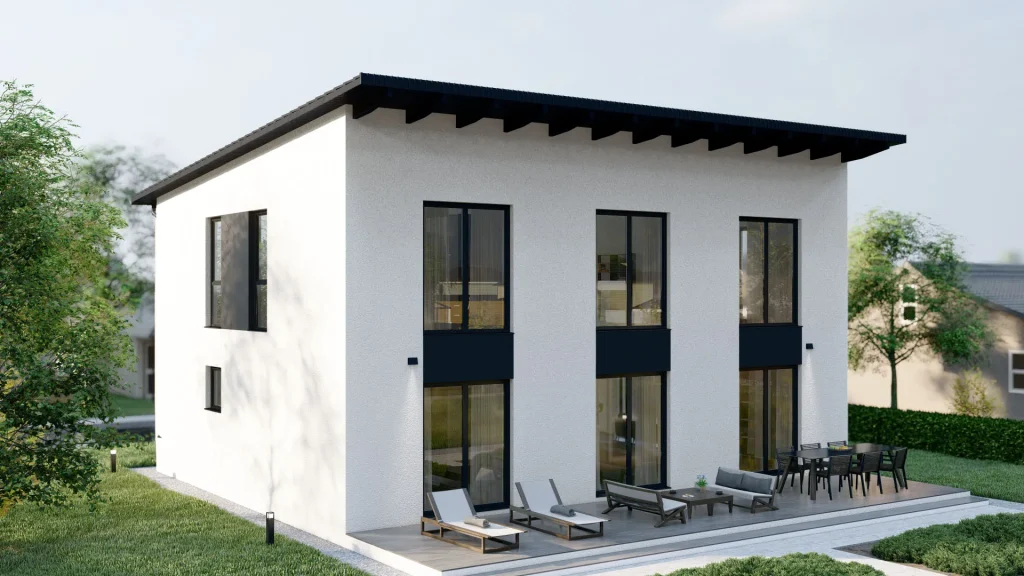 Modernes Fertighaus Projekt C003 - Außenansicht mit zeitgenössischer Architektur und hochwertiger Fassade