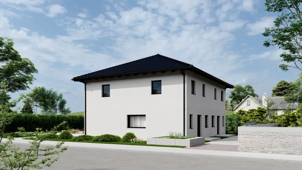 Modernes Fertighaus C003 mit zeitgemäßer Architektur und großzügigen Fenstern - BAUTENT Hausbau