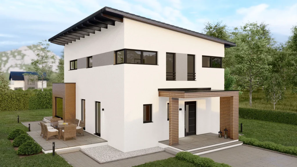 Modernes Fertighaus C003 mit großzügiger Glasfront und zeitgenössischer Architektur von BAUTENT