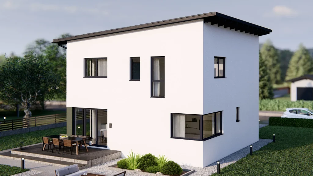 Modernes Fertighaus C003 mit zeitgemäßer Architektur und großzügigen Fensterfronten von BAUTENT