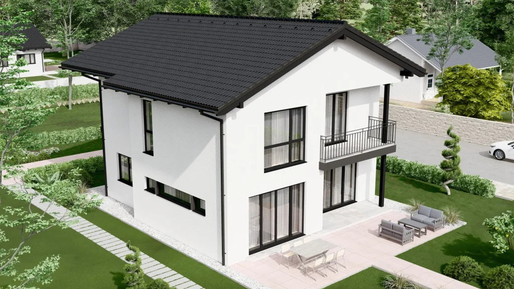 Modernes Fertighaus Außenansicht mit zeitgenössischer Architektur und hochwertiger Bauqualität