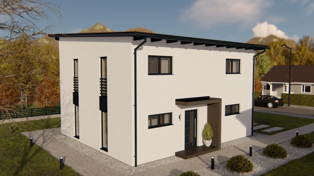 Modernes Fertighaus C003 mit zeitgemäßer Architektur und großen Fensterfronten von BAUTENT