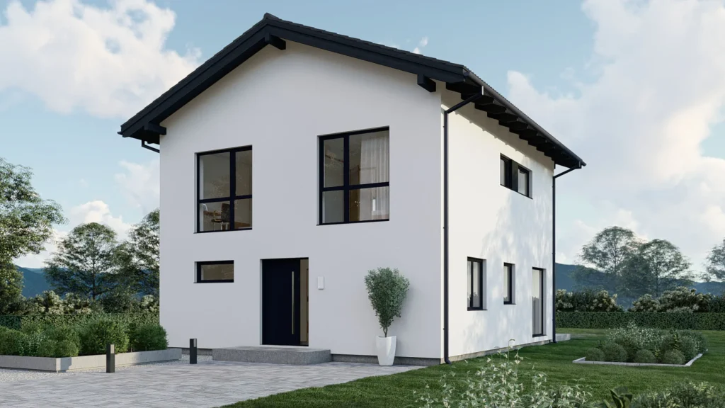 Modernes Fertighaus Comfort-B002 mit eleganter Fassade und großzügigen Fenstern von BAUTENT