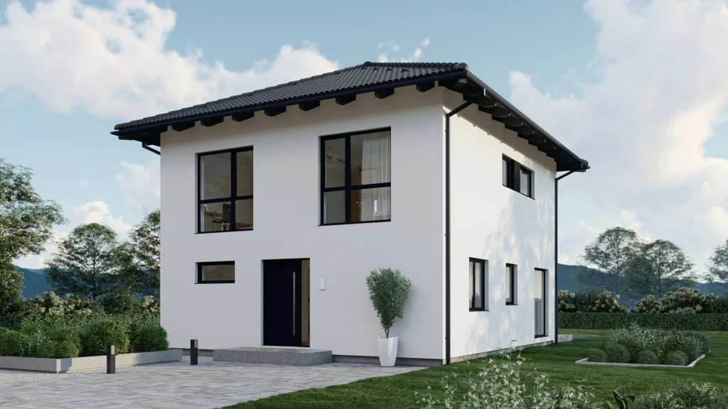 Modernes Fertighaus Comfort-C002 mit zeitgemäßer Architektur und großen Fensterfronten von BAUTENT