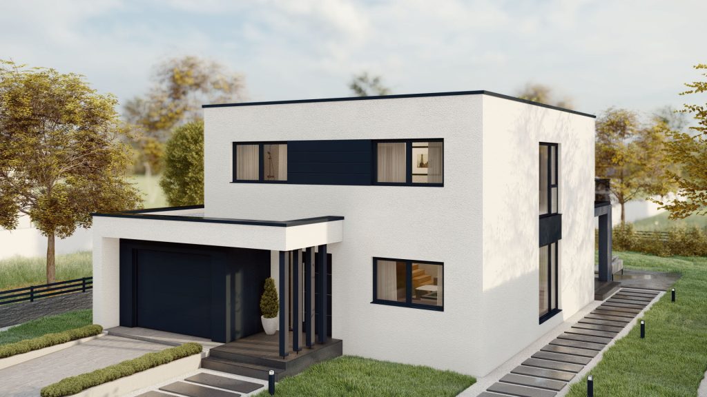 Moderne Fertighaus-Familie vor ihrem neuen Eigenheim - BAUTENT Fertighaus Lösung für glückliches Wohnen