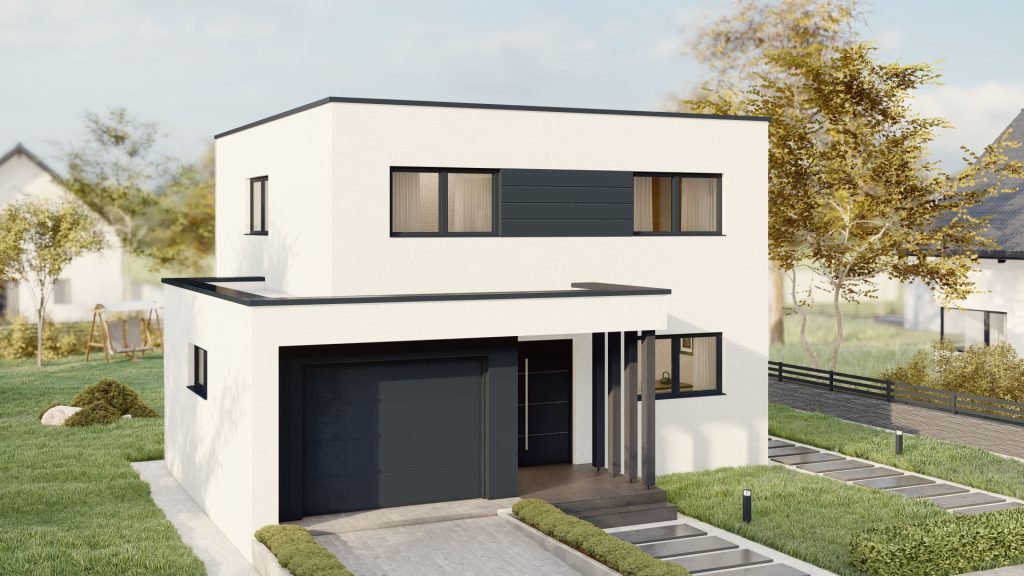 Moderne Fertighaus-Familie beim gemeinsamen Wohnen im neuen Zuhause - BAUTENT Fertighaus Referenz