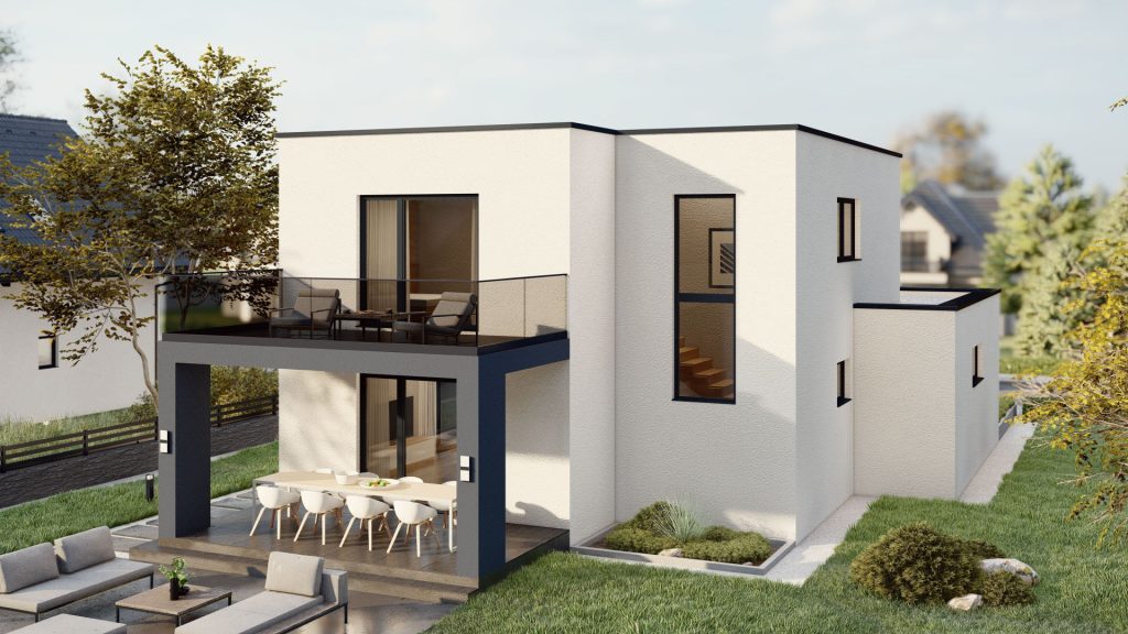 Moderne Fertighaus-Familie mit drei Personen vor ihrem neuen Eigenheim - BAUTENT Fertighäuser